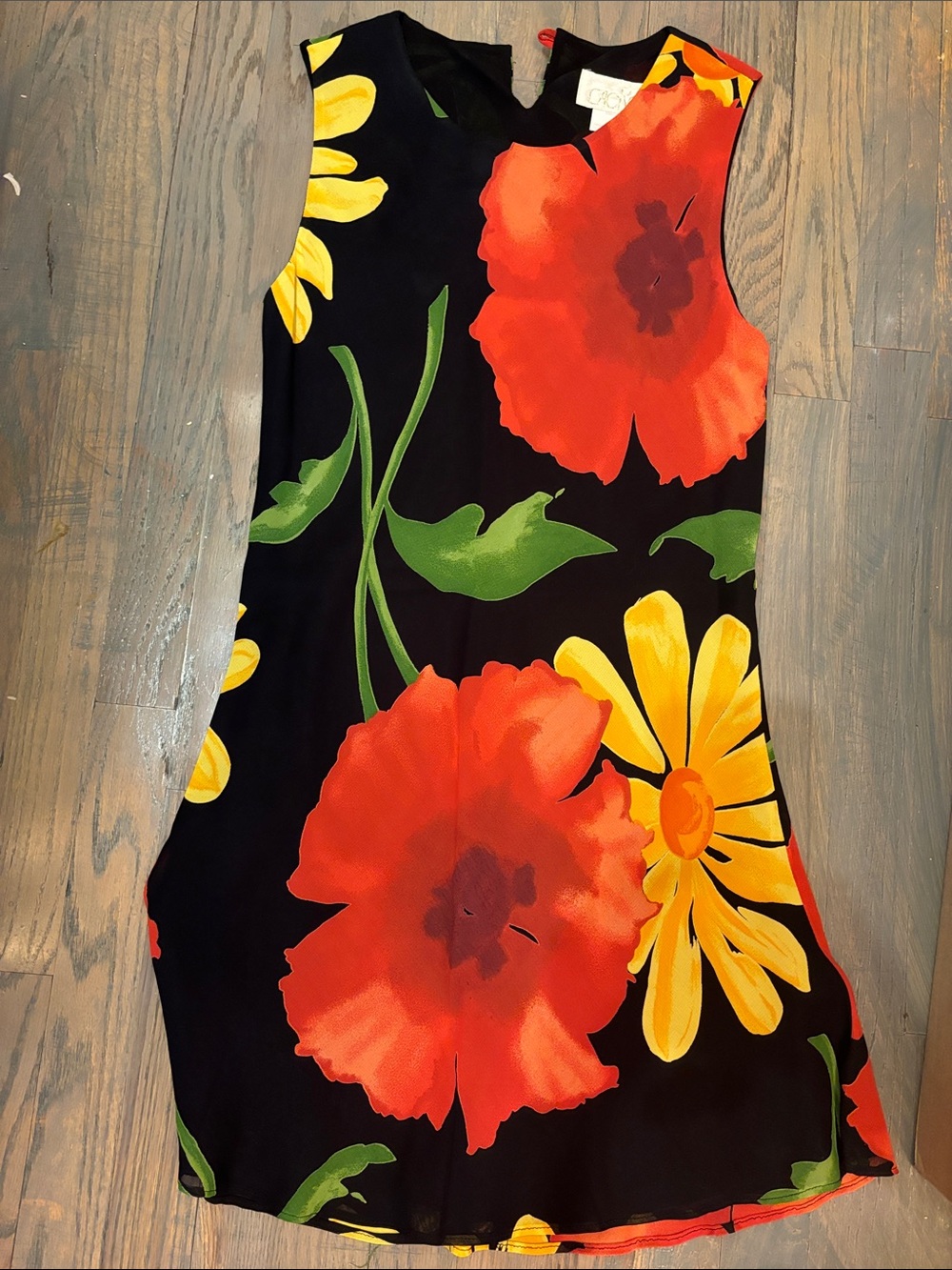 CACHE VINTAGE Bold Floral Shift Dress - Black with Red & Yellow Blooms